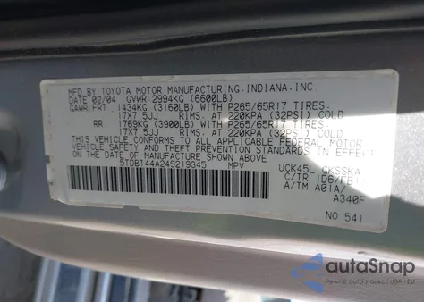 2004 Toyota Sequoia Sr5 V8 из США, поврежденный, VIN 5TDBT44A24S219345